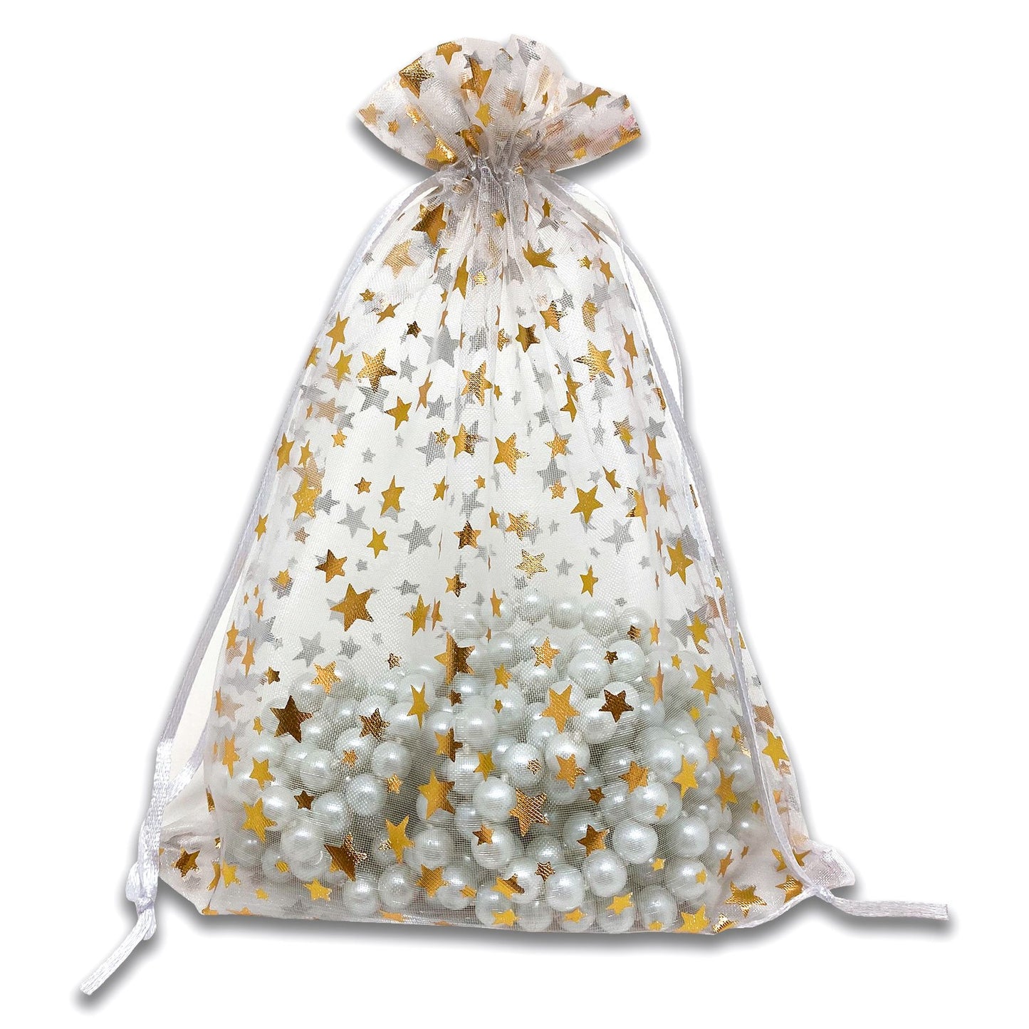White with Gold Star Organza Drawstring Pouch Gift Bags