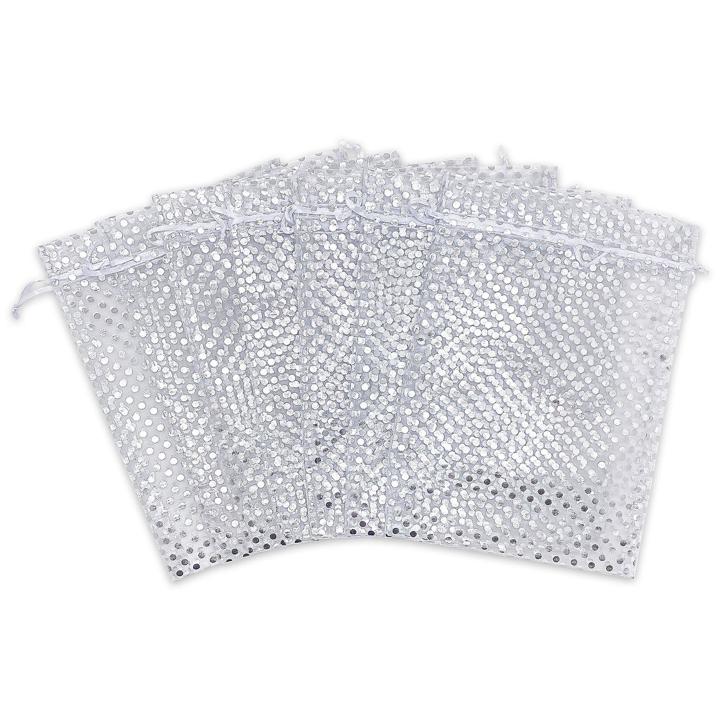 White with Silver Polka Dot Organza Drawstring Pouch Gift Bags