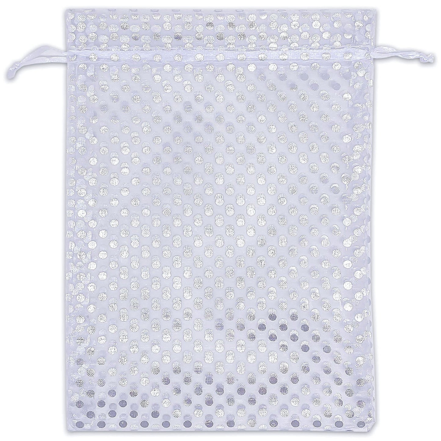White with Silver Polka Dot Organza Drawstring Pouch Gift Bags
