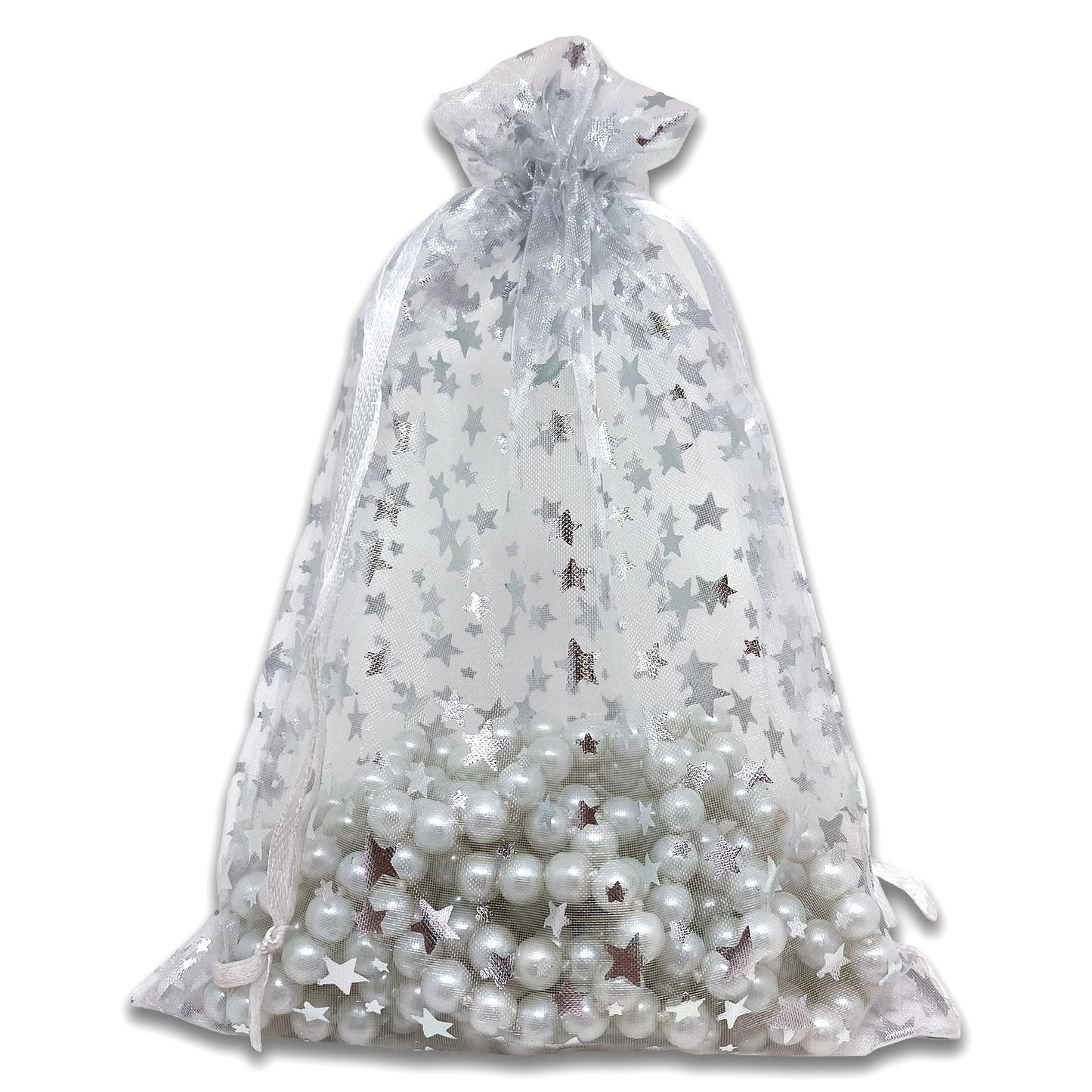 White with Silver Star Organza Drawstring Pouch Gift Bags