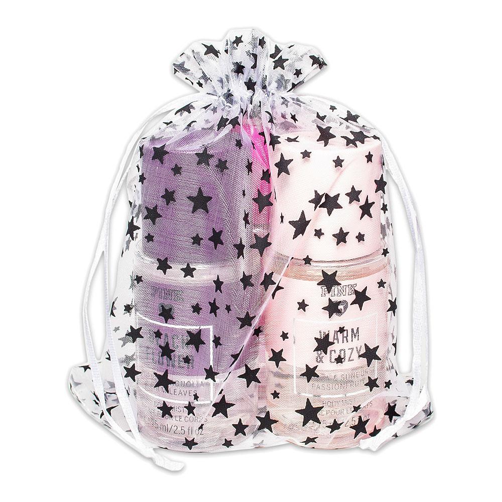 White with Black Star Organza Drawstring Pouch Gift Bags