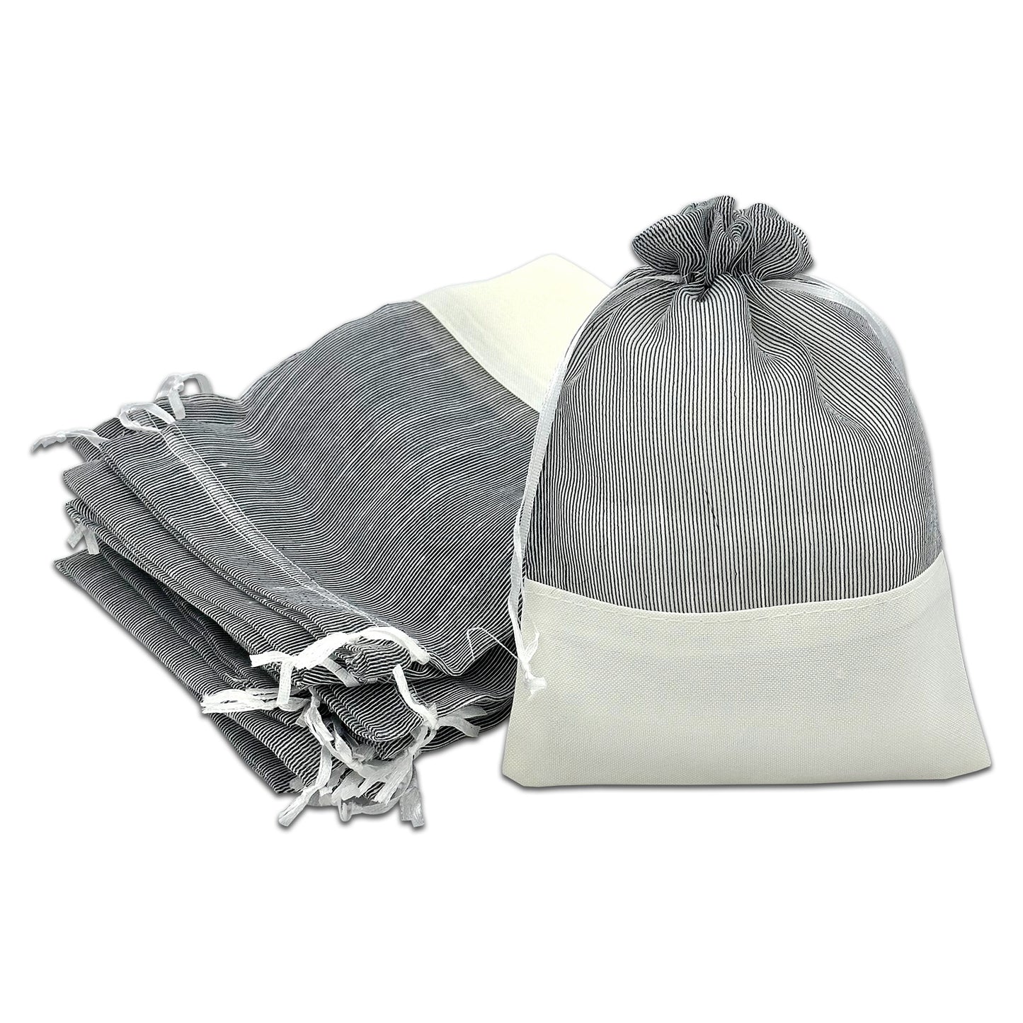 Black Organza and White Linen Drawstring Pouch Gift Bags