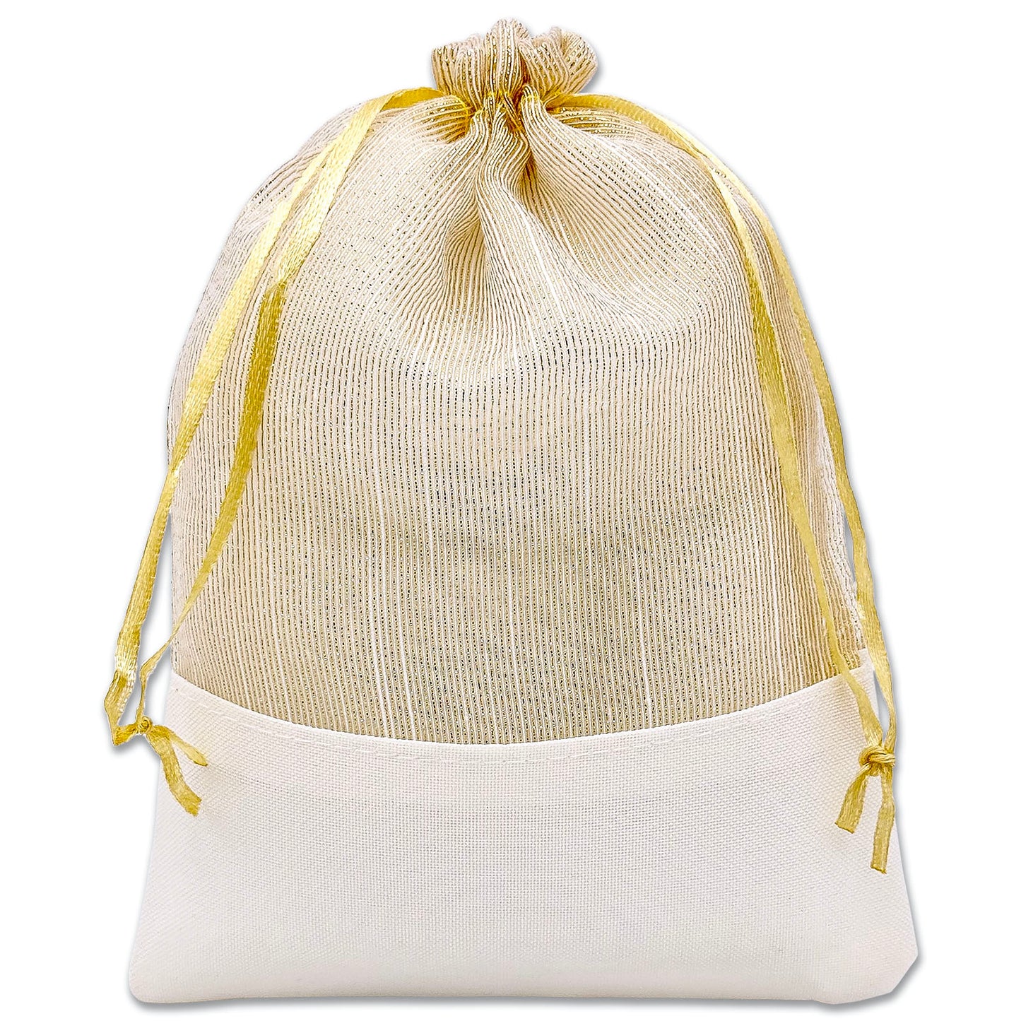 Gold Organza and White Linen Drawstring Pouch Gift Bags