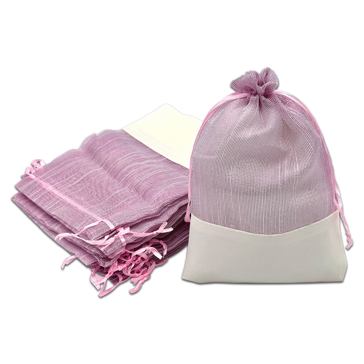 Pink Organza and White Linen Drawstring Pouch Gift Bags