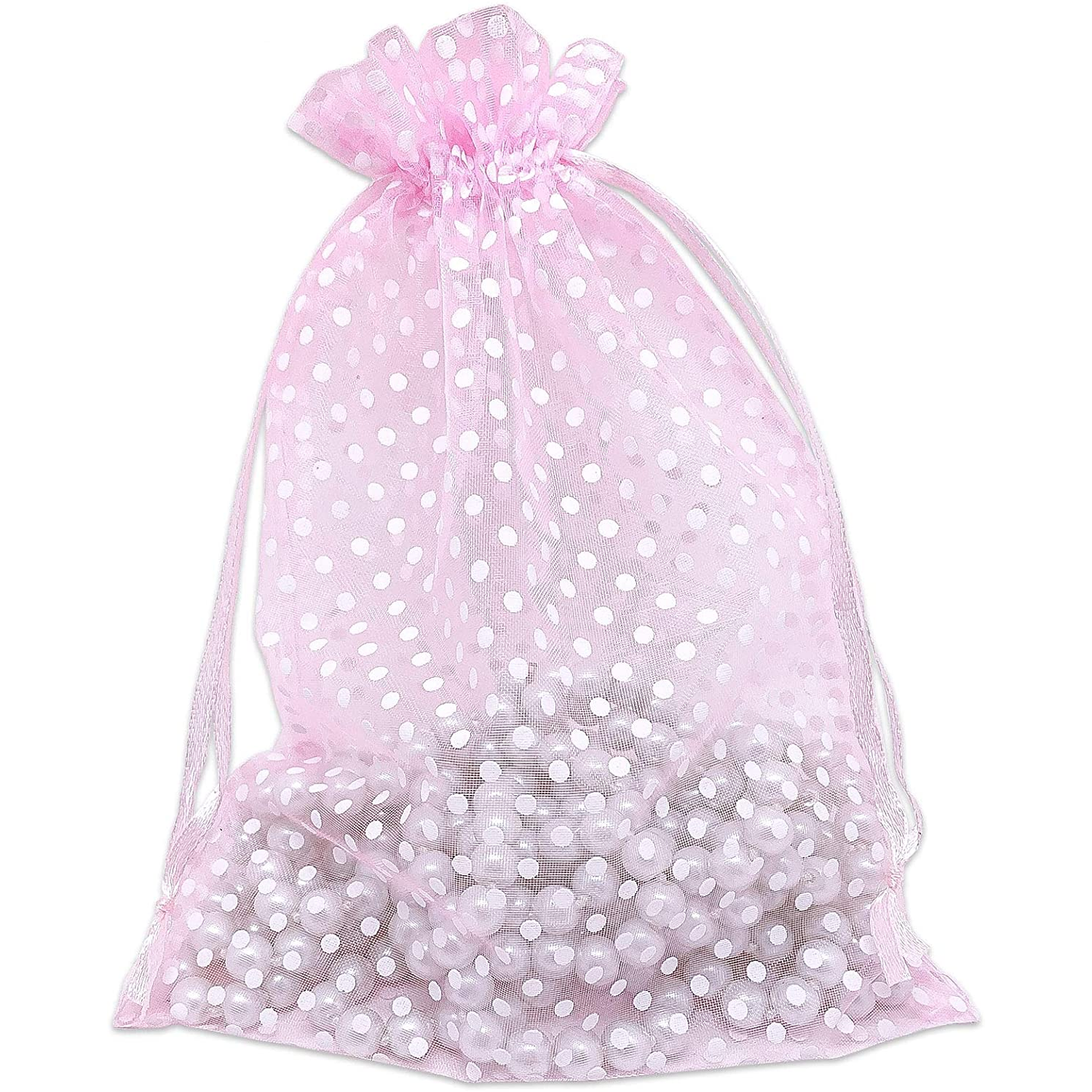 Pink with White Polka Dot Organza Drawstring Pouch Gift Bags