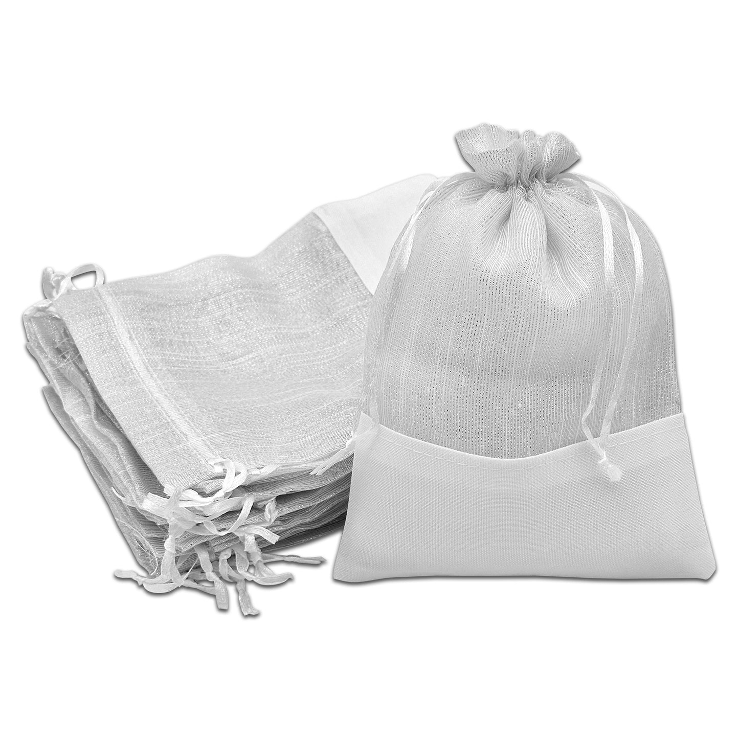 White Organza and Linen Drawstring Pouch Gift Bags