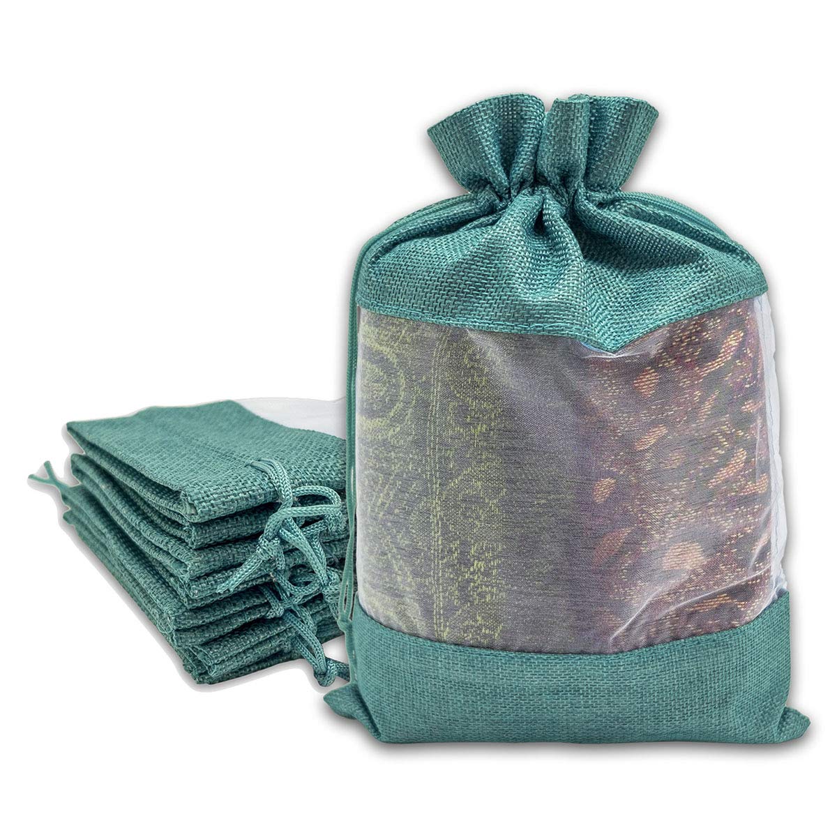 7 1/2" x 11 1/2" Linen Burlap and Sheer Organza Teal Blue Gift Bag