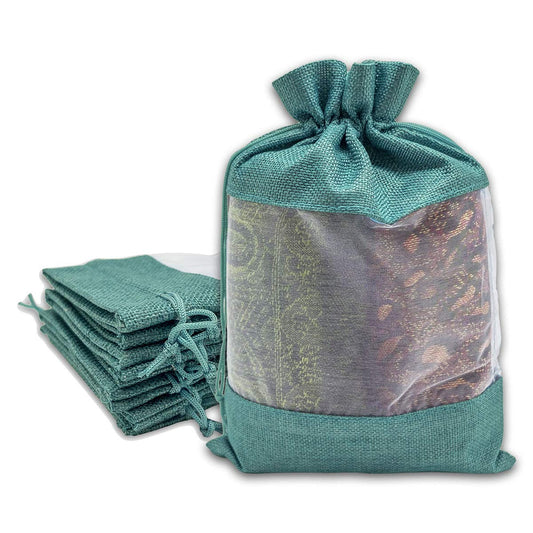 7 1/2" x 11 1/2" Linen Burlap and Sheer Organza Teal Blue Gift Bag