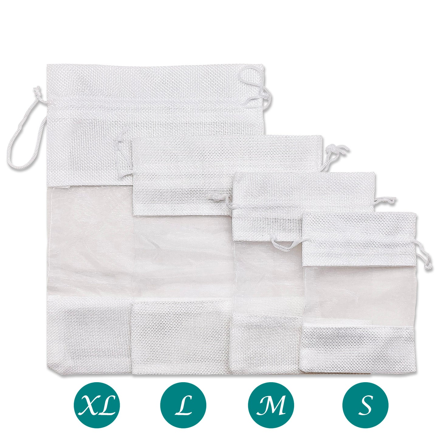 7 1/2" x 11 1/2" White Linen Burlap and Sheer Organza Gift Bag