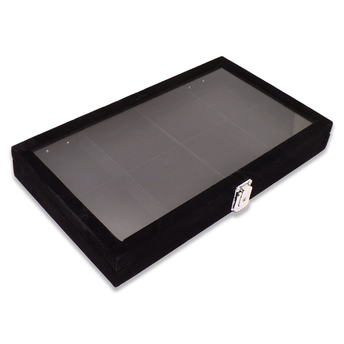 14 3/4" x 8 1/4" 8 Compartment Black Velvet Display Case w/ Glass Top and Key