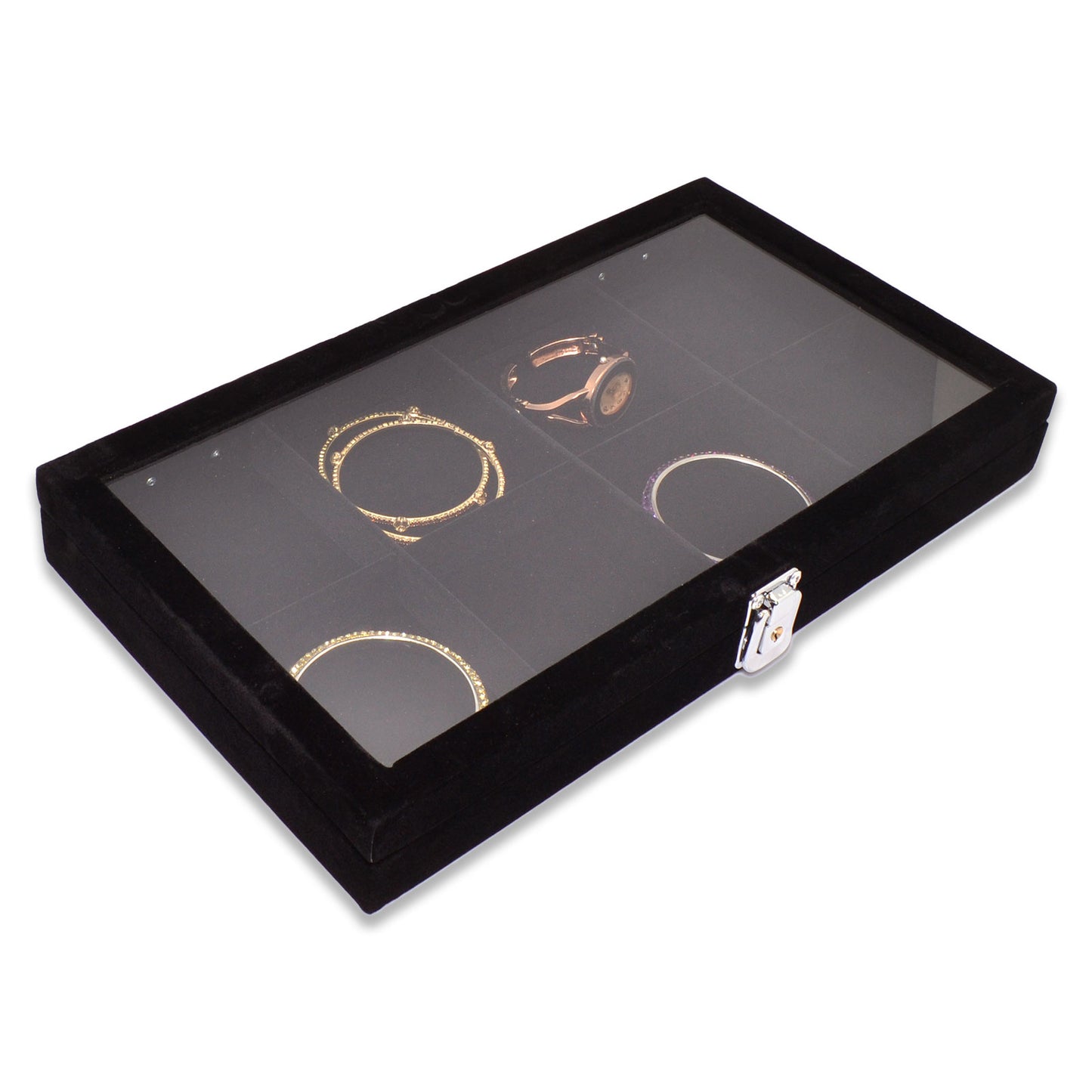14 3/4" x 8 1/4" 8 Compartment Black Velvet Display Case w/ Glass Top and Key