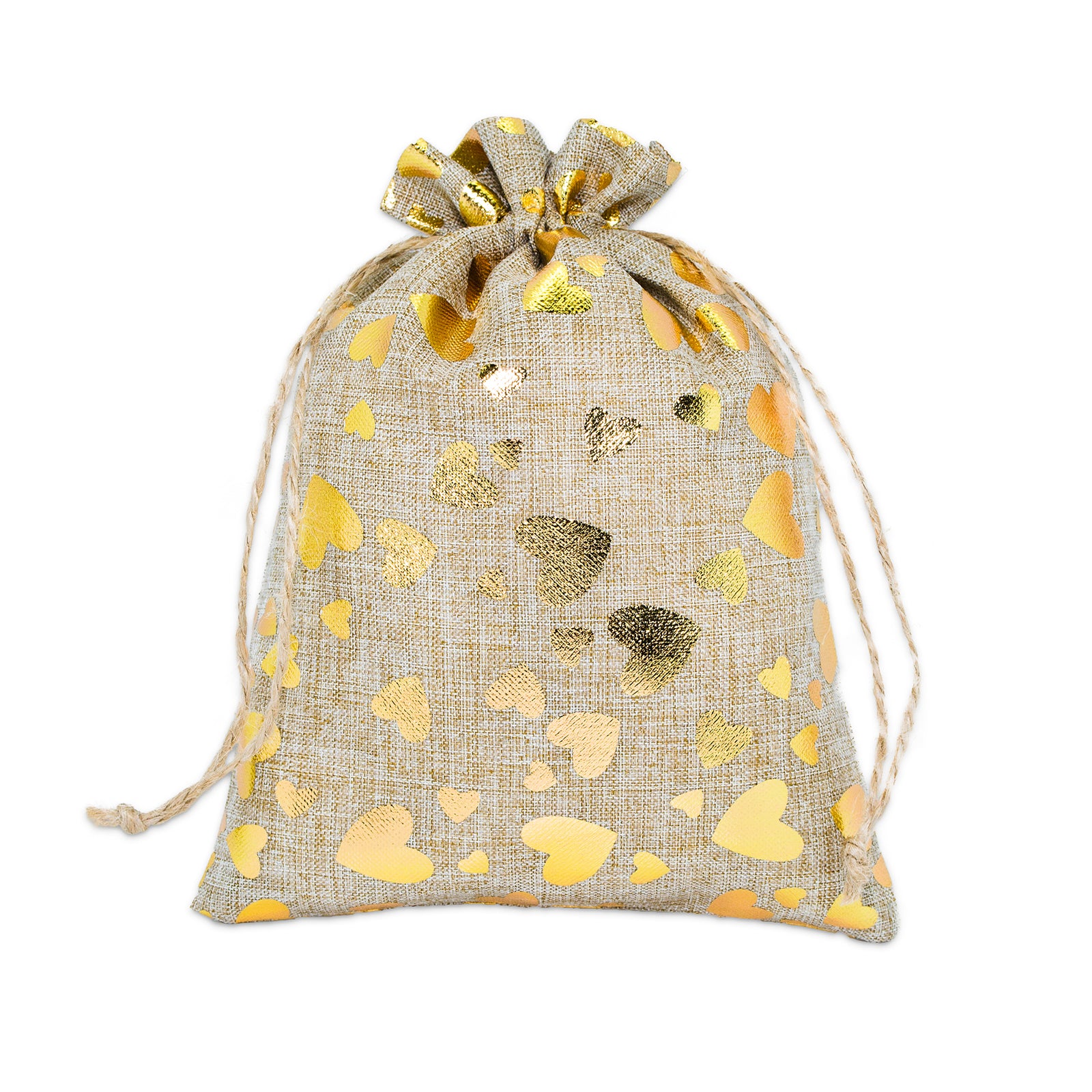 8" x 10" Jute Burlap Gold Heart Drawstring Gift Bags