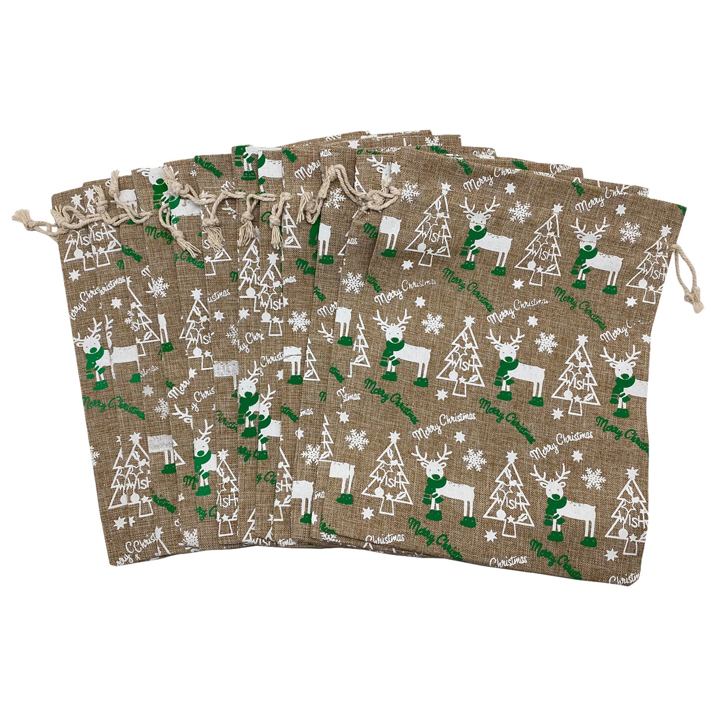 8" x 10" Jute Burlap White Reindeer Christmas Drawstring Gift Bags