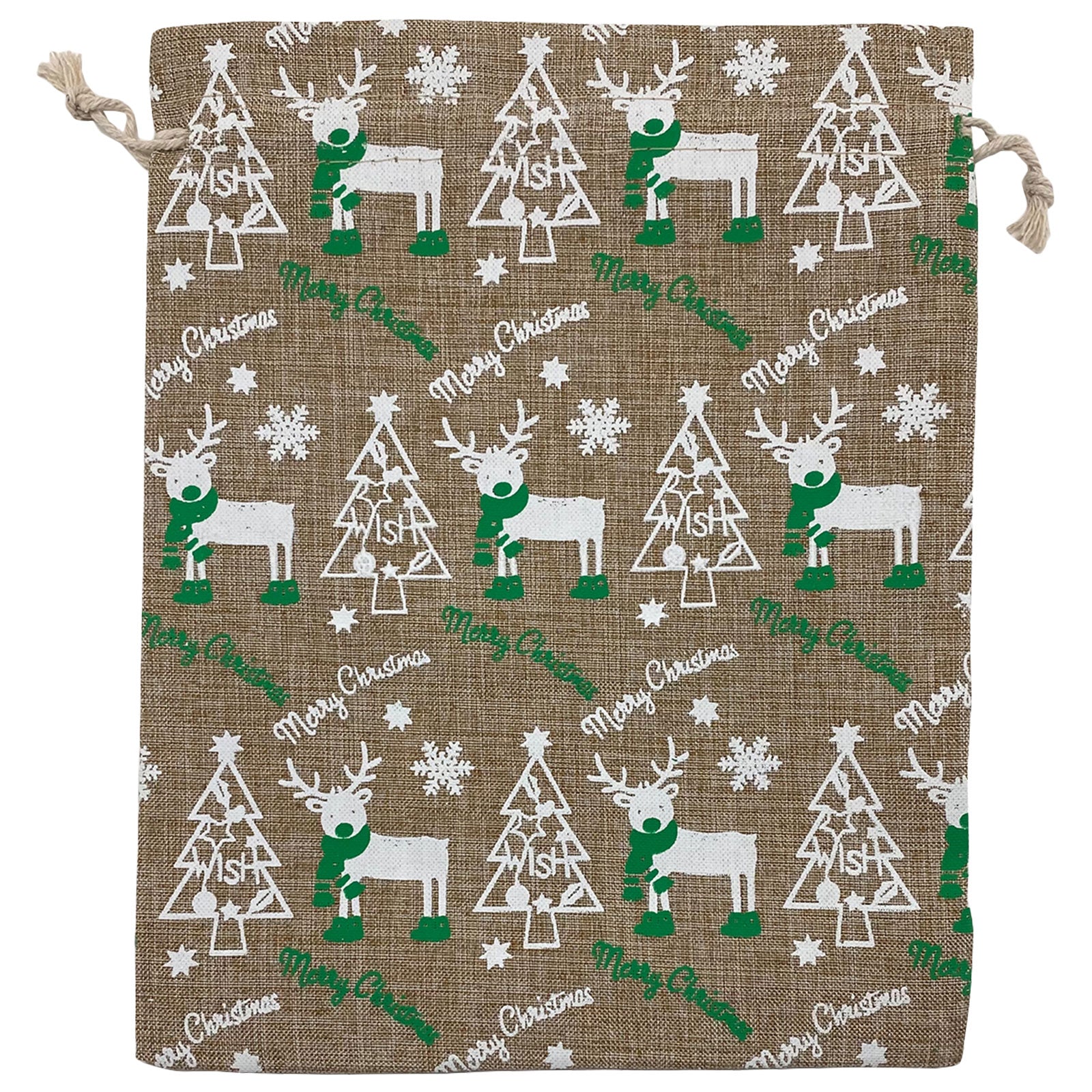 8" x 10" Jute Burlap White Reindeer Christmas Drawstring Gift Bags