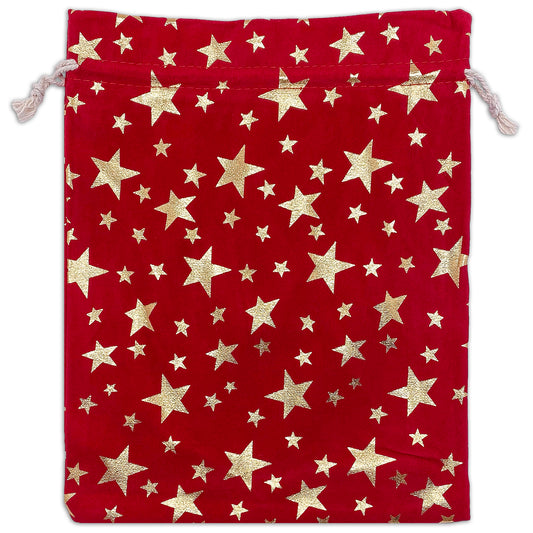 8" x 10" Red Velvet Gold Star Christmas Drawstring Gift Bags