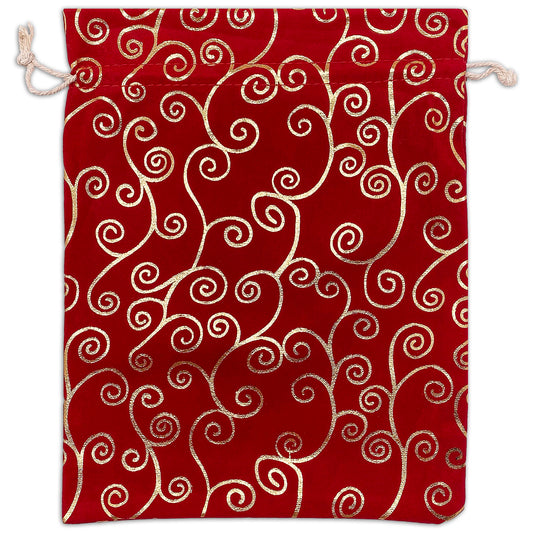 8" x 10" Red Velvet Gold Swirl Christmas Drawstring Gift Bags