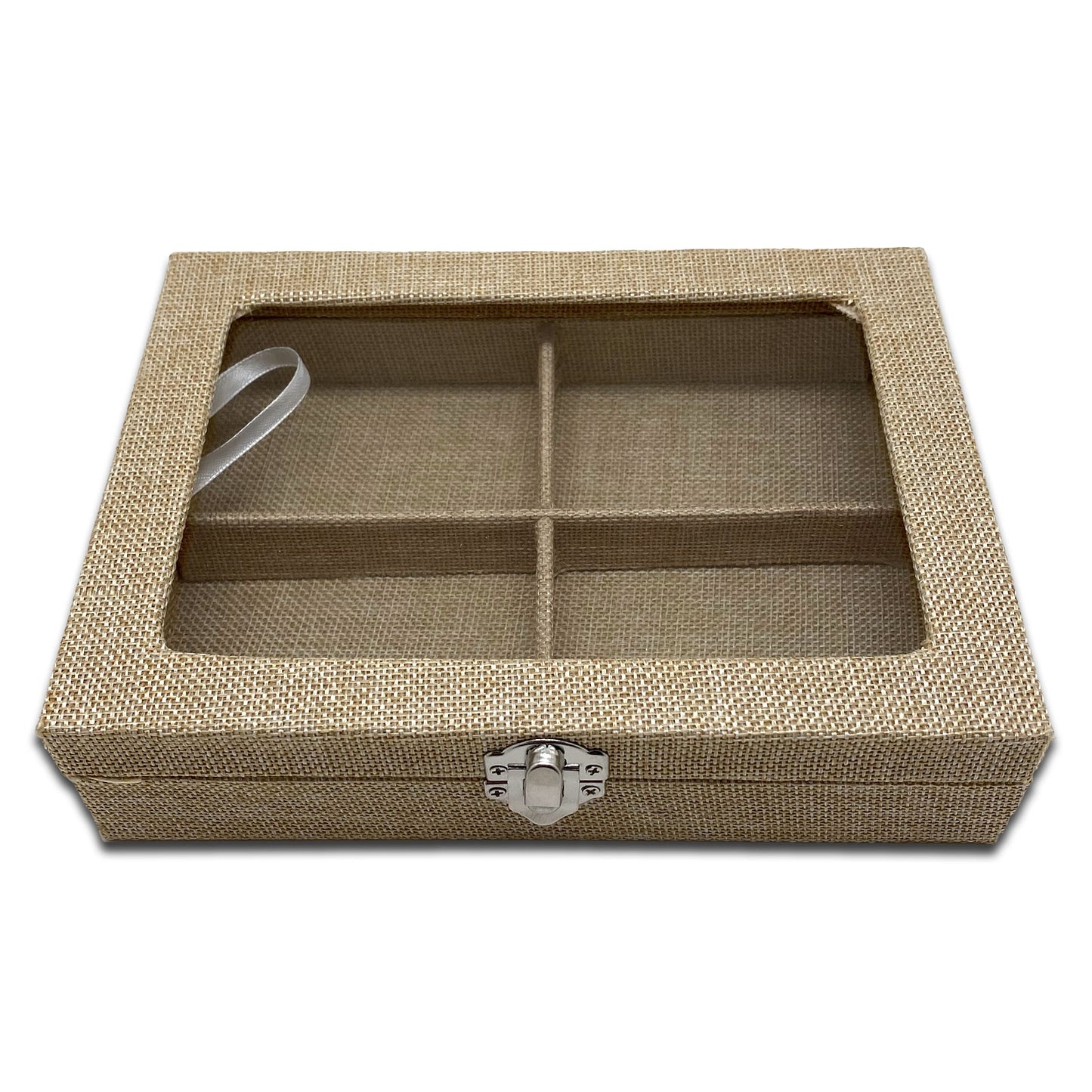 8" x 6" Beige Burlap 4 Compartment Display Case w/ Glass Top