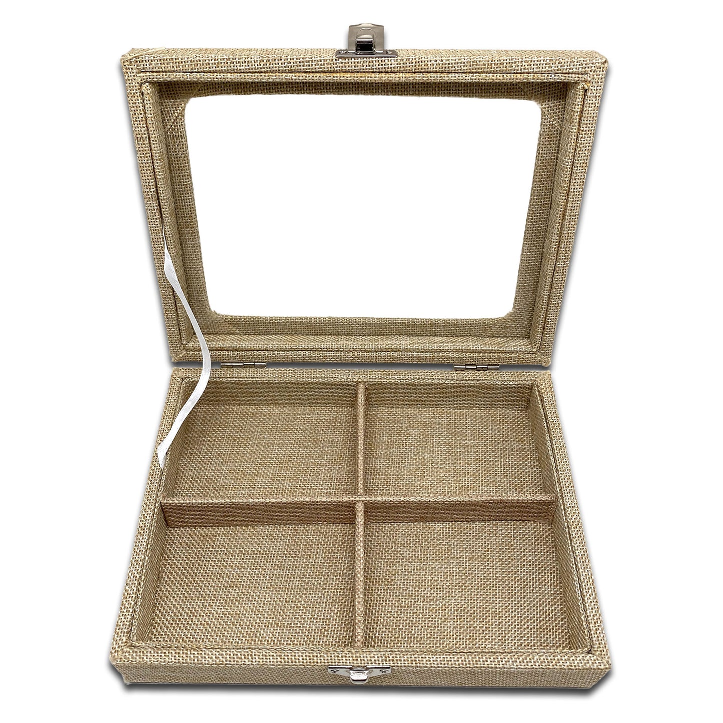 8" x 6" Beige Burlap 4 Compartment Display Case w/ Glass Top