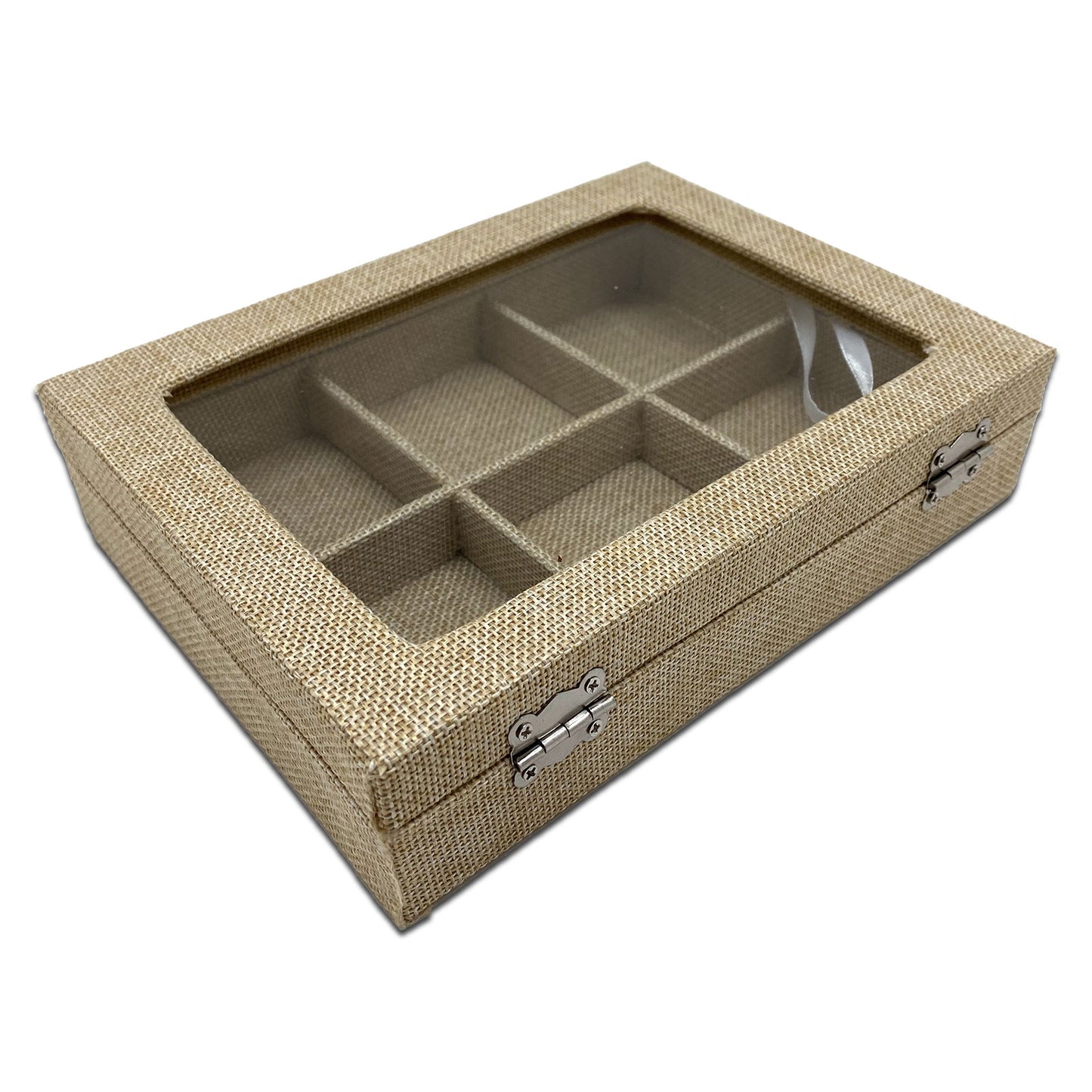 8" x 6" Beige Burlap 6 Compartment Display Case w/ Glass Top