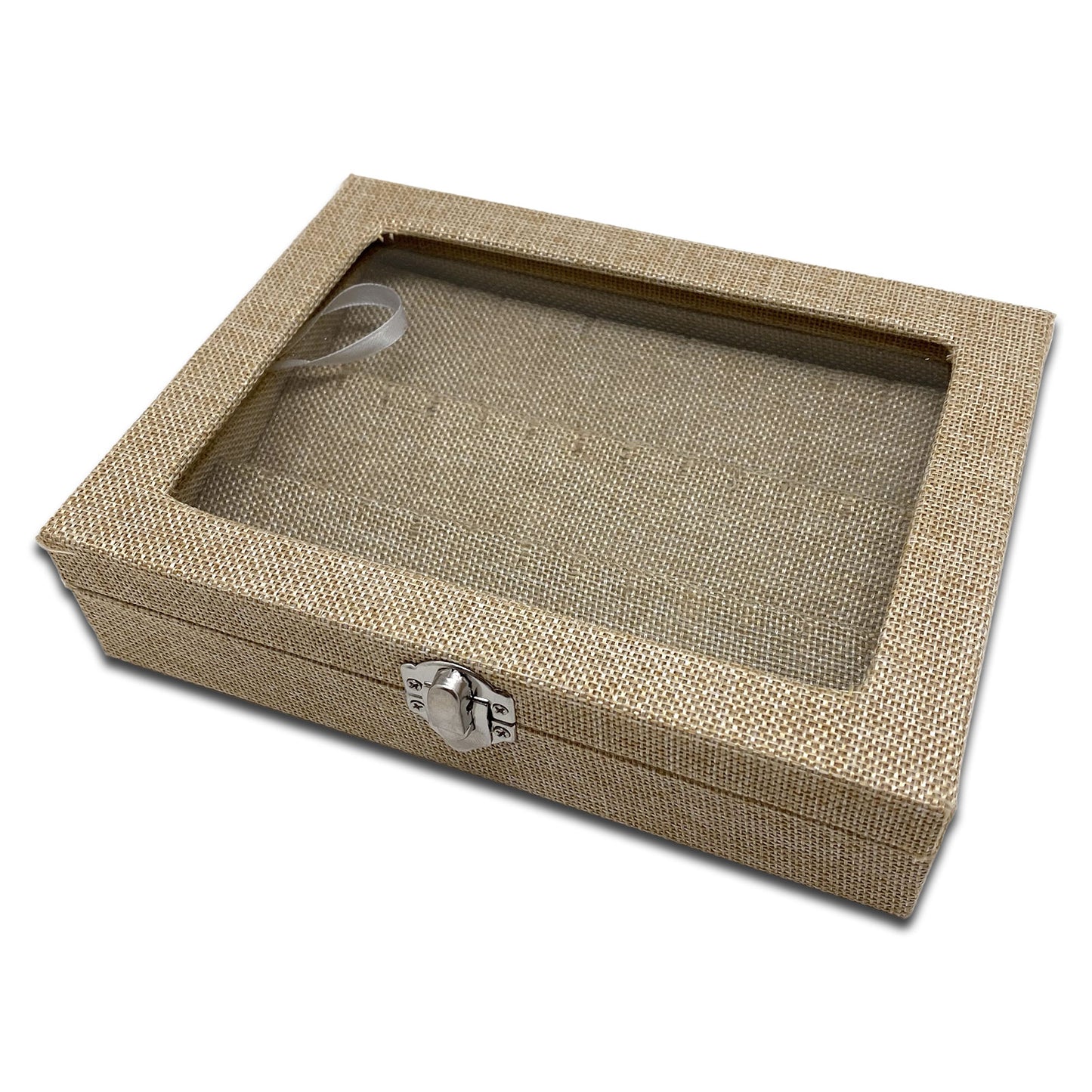 8" x 6" Beige Burlap Display Case w/ Glass Top for 18 Pairs of Earrings