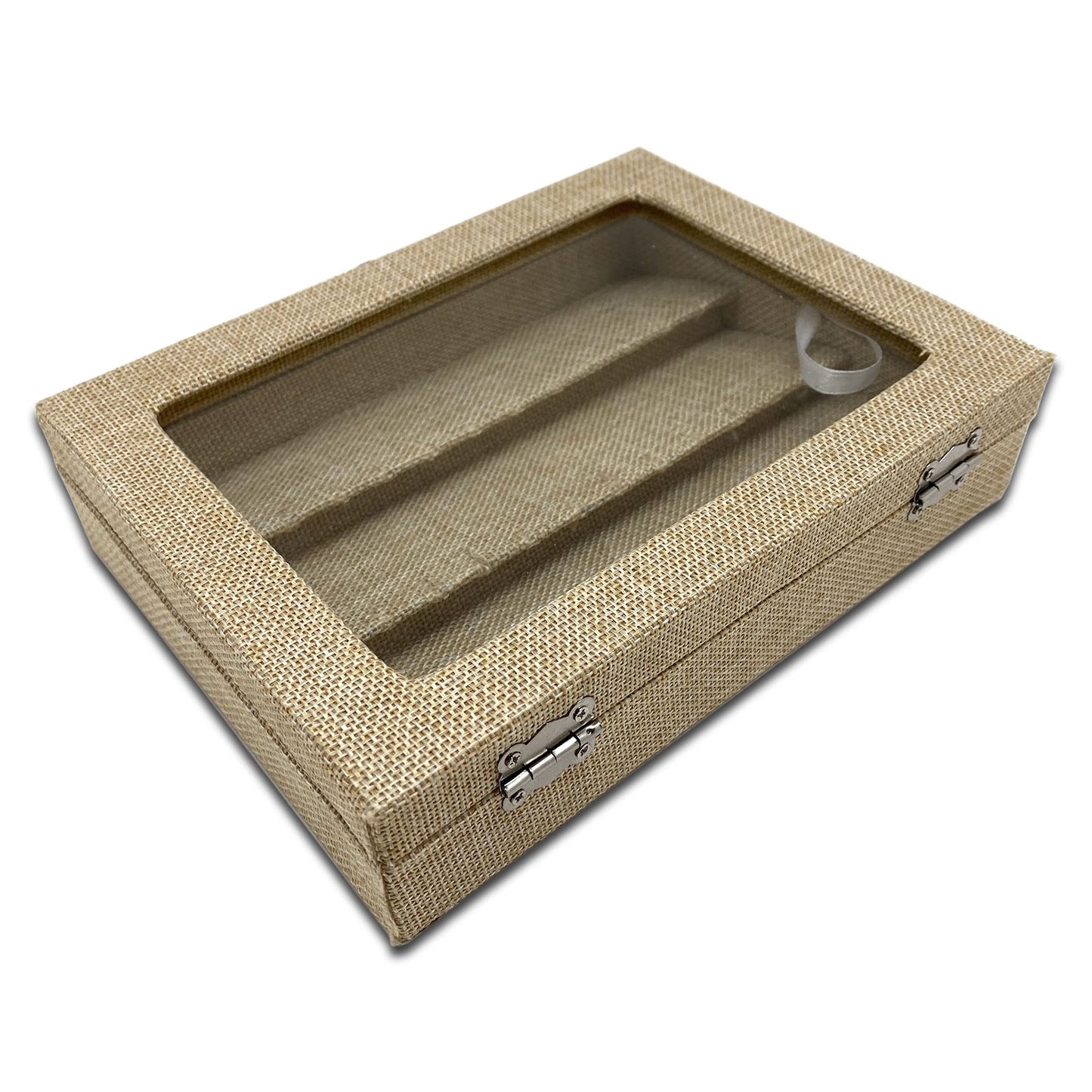 8" x 6" Beige Burlap Display Case w/ Glass Top for 18 Pairs of Earrings