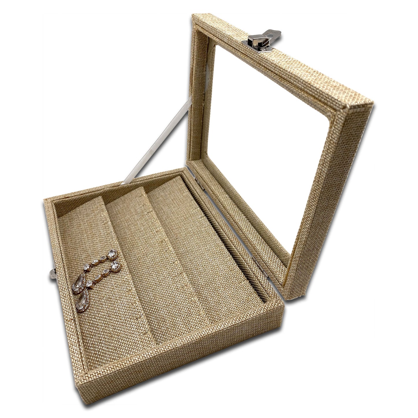 8" x 6" Beige Burlap Display Case w/ Glass Top for 18 Pairs of Earrings