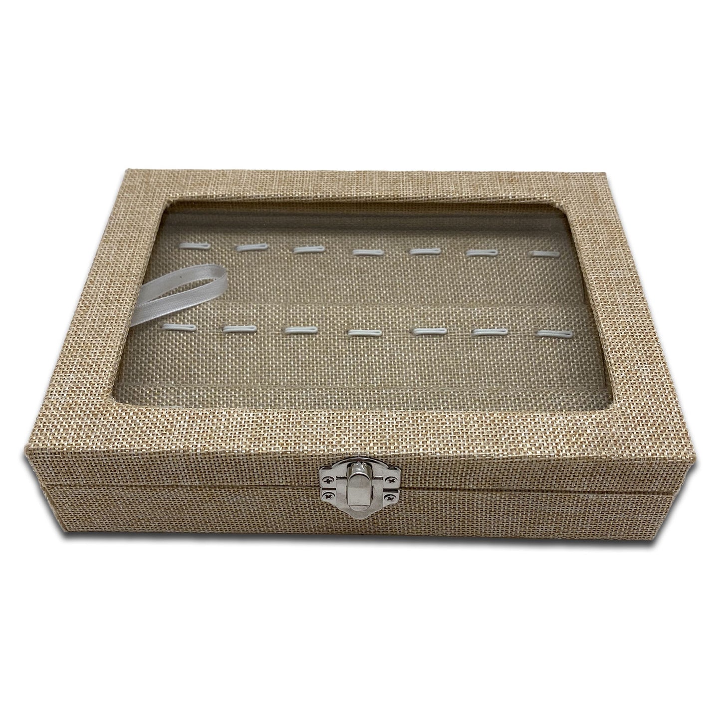 8" x 6" Beige Burlap Display Case w/ Glass Top for 21 Pendants/Charms