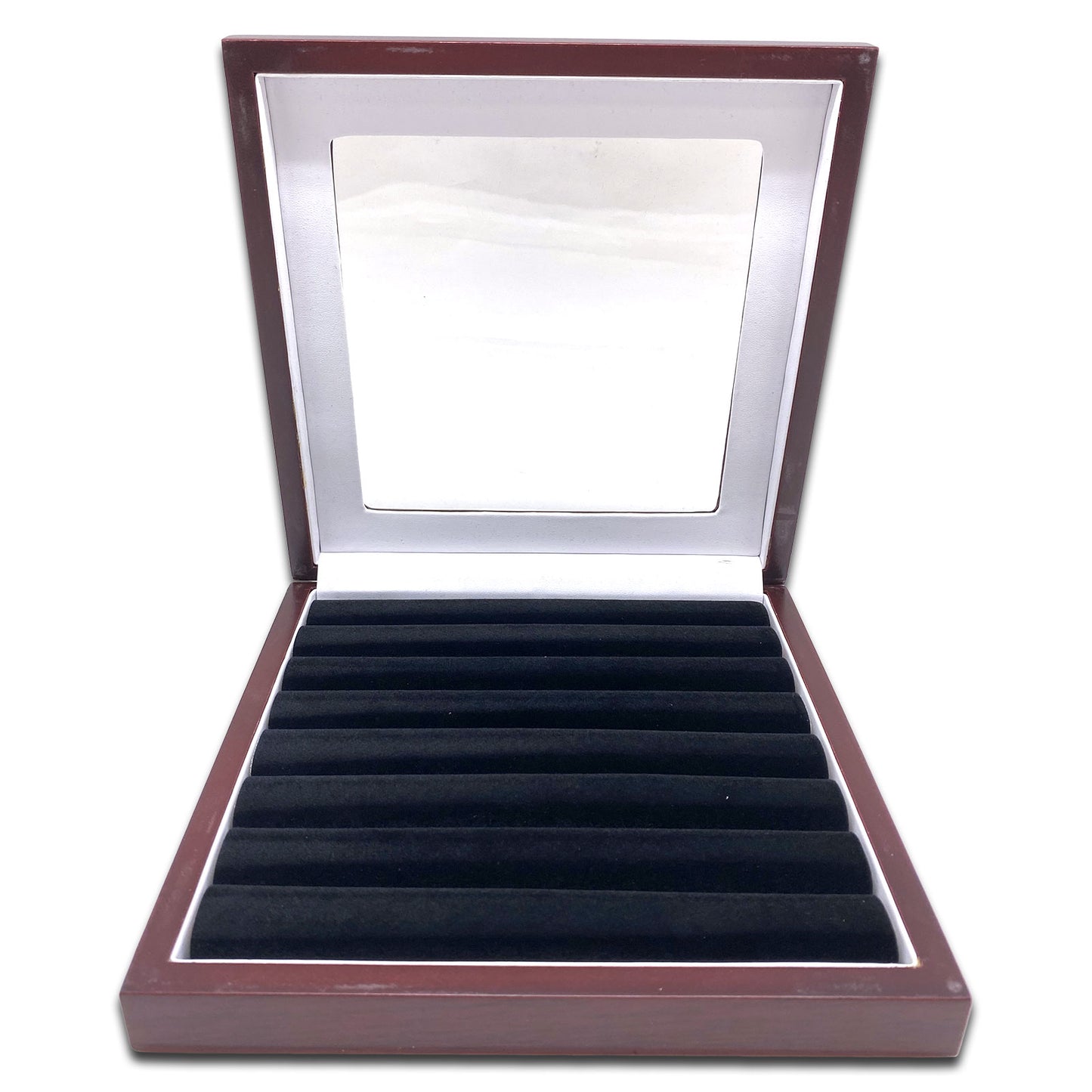 8" x 8" Rosewood Ring Display Case with 8 Roll Black Velvet Insert