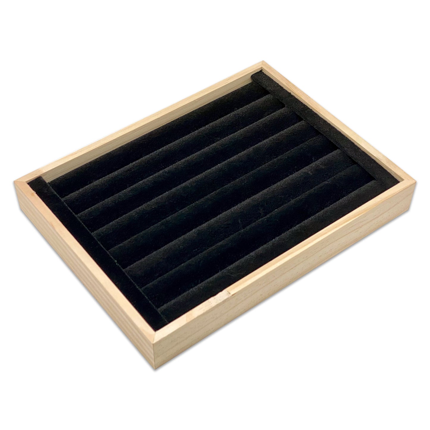 9 1/2" x 7" Wood Black Velvet 8 Roll Ring Display Tray