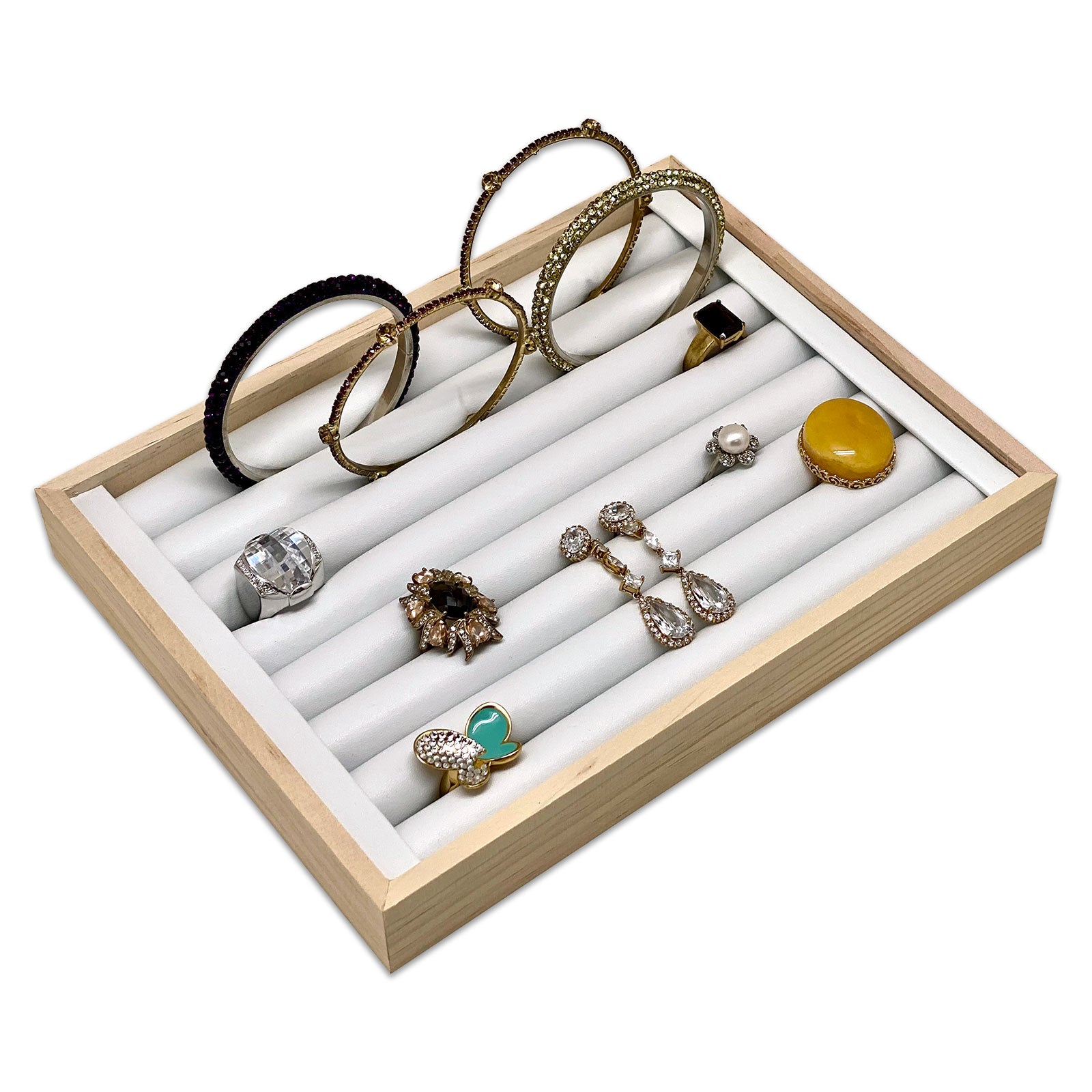 9 1/2" x 7" Wood White Leatherette 8 Roll Ring Display Tray