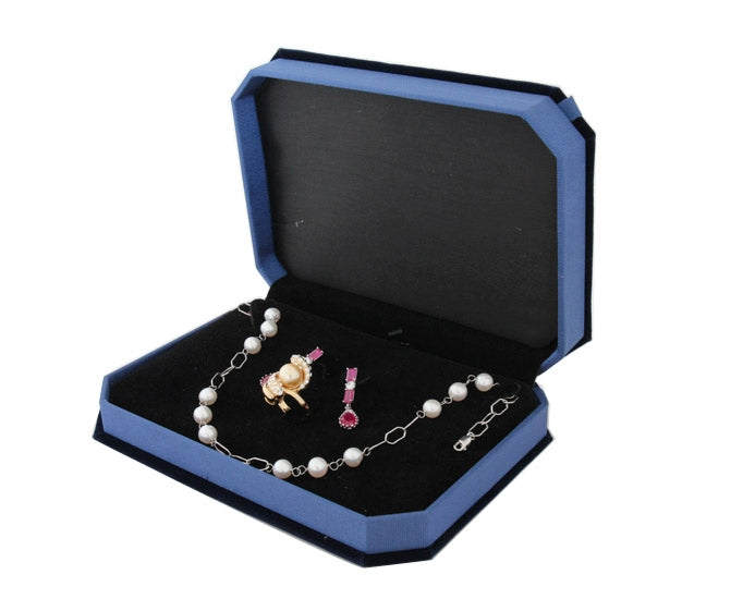 7 1/4"W x 5 1/4"D x 1 3/4"H Blue Velvet Necklace Earring Ring