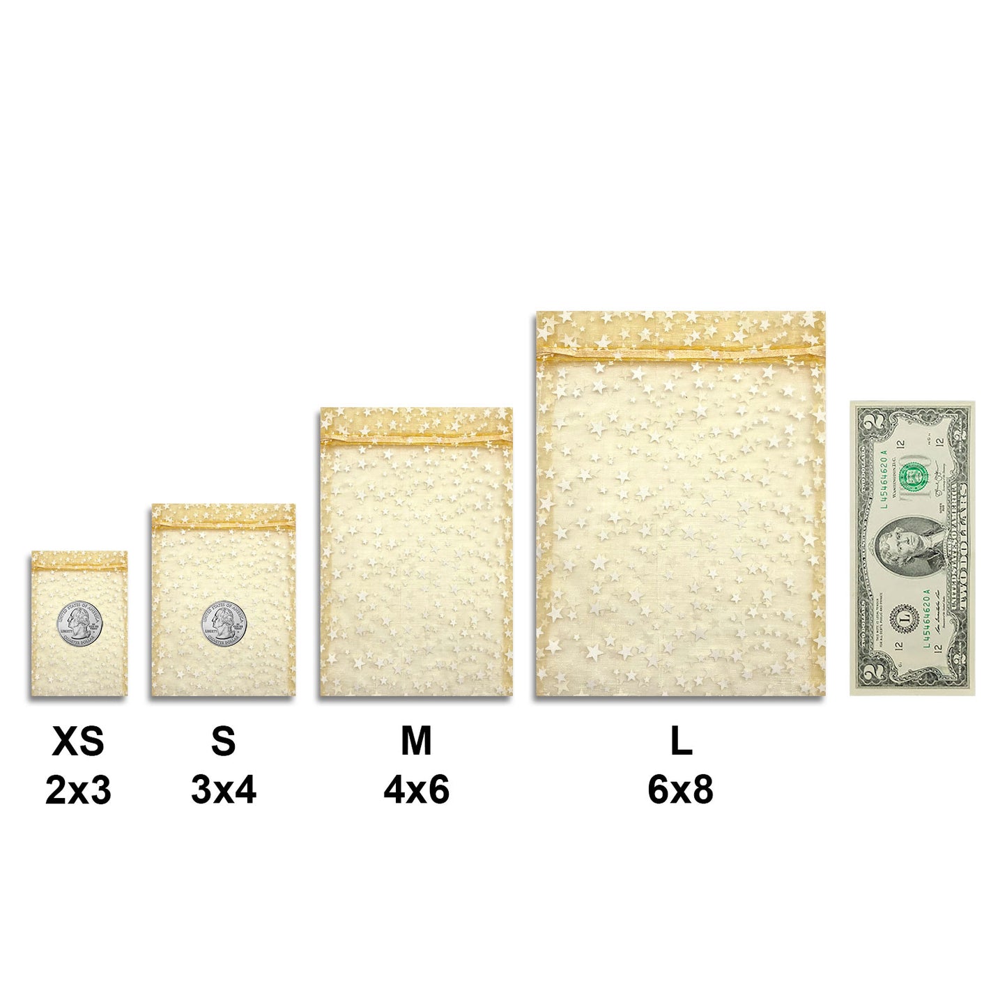 Gold with White Star Organza Drawstring Pouch Gift Bags