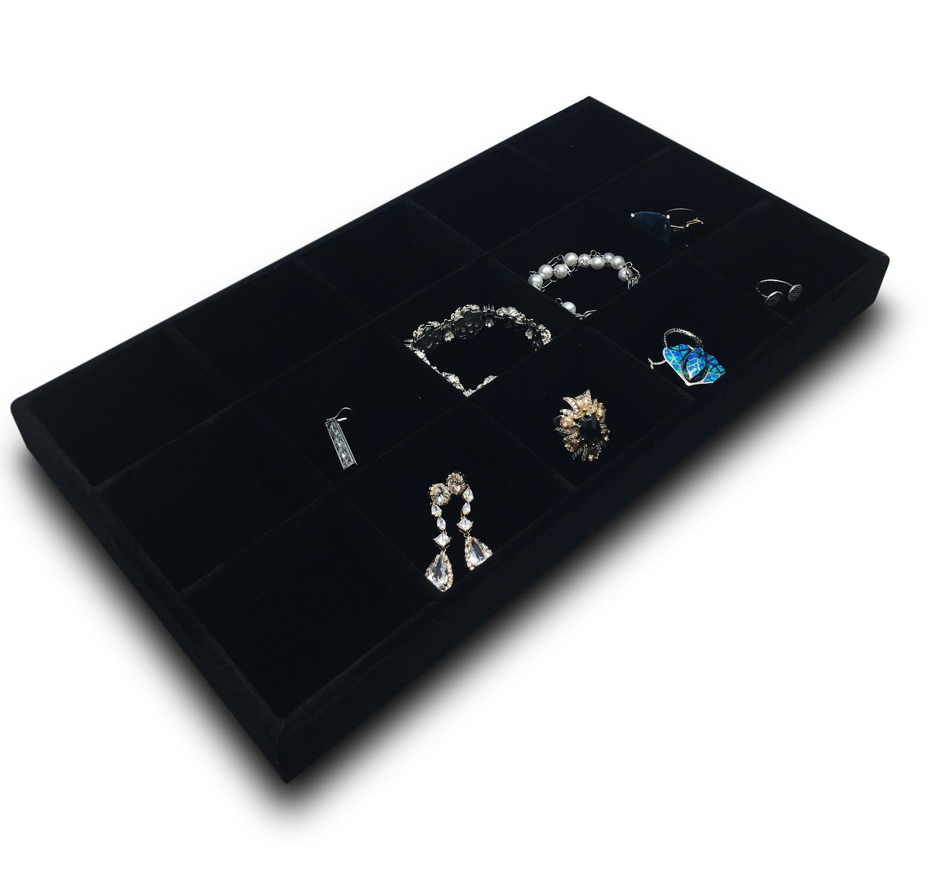Deluxe Black Velvet 15 Compartment Stackable Jewelry Tray