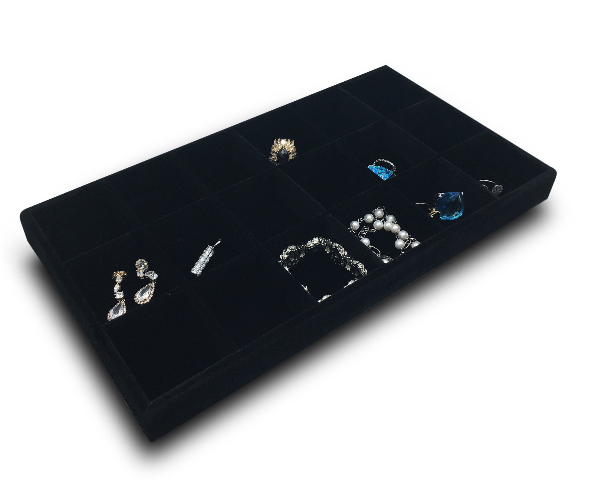Deluxe Black Velvet 18 Compartment Stackable Jewelry Tray