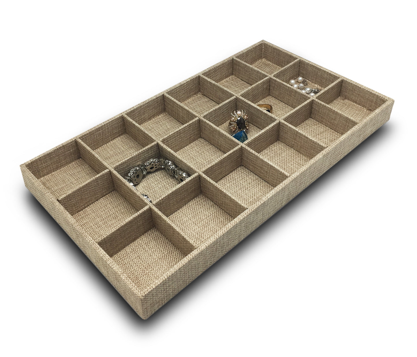 Deluxe Linen Burlap 18 Compartment Stackable Jewelry Tray