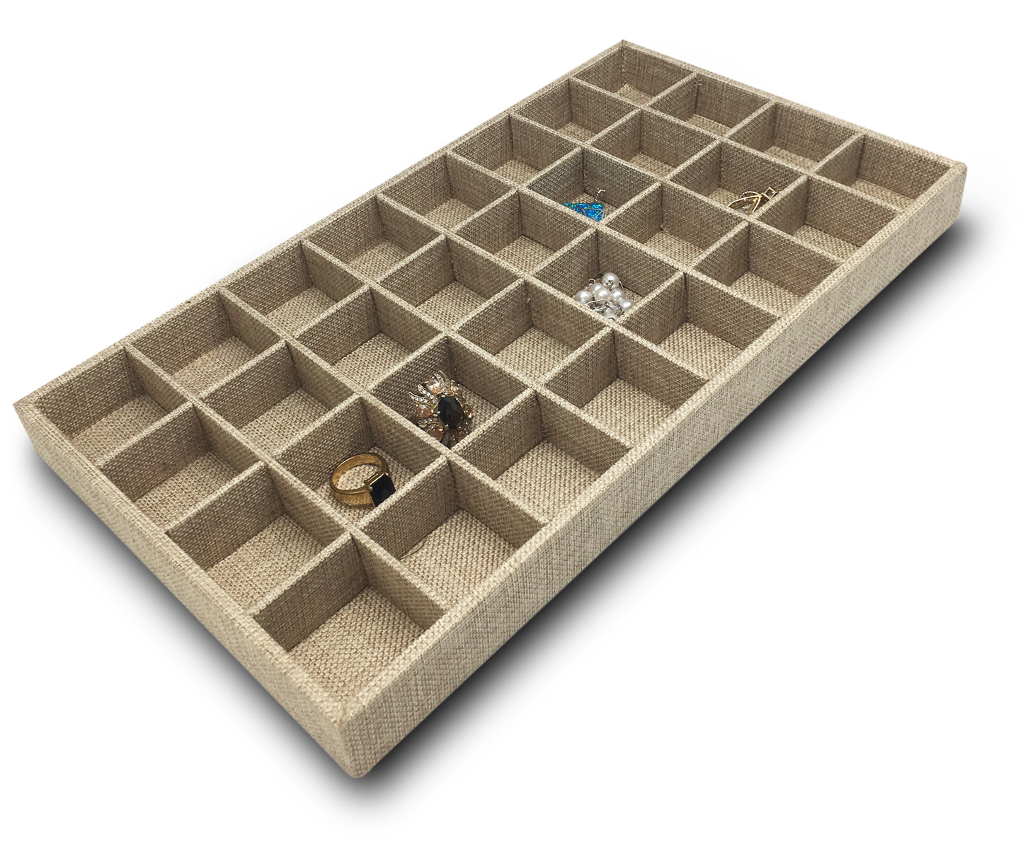 Deluxe Linen Burlap 32 Compartment Stackable Jewelry Tray
