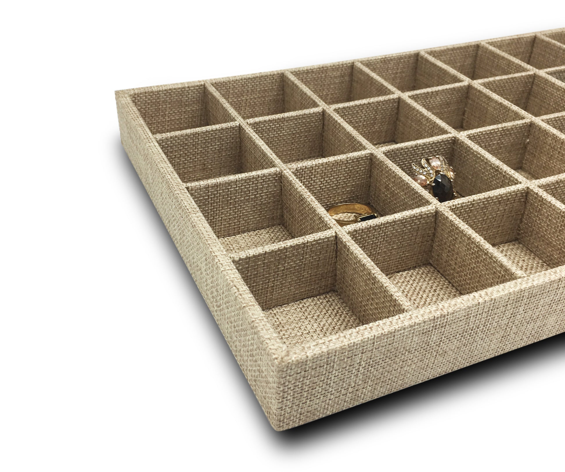 Deluxe Linen Burlap 32 Compartment Stackable Jewelry Tray
