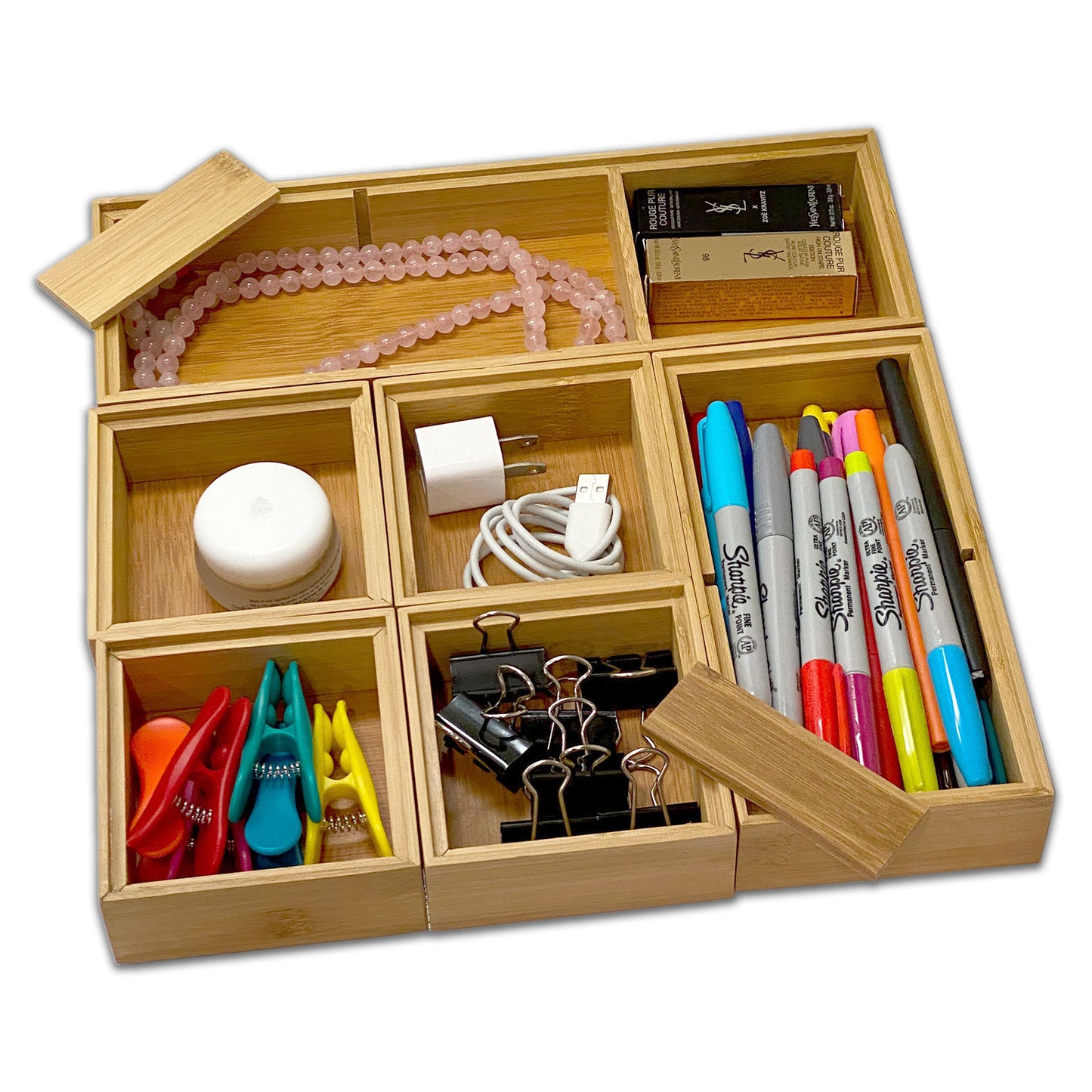 6 Piece Stackable Bamboo Compartment Jewelry Organizer Tray Set