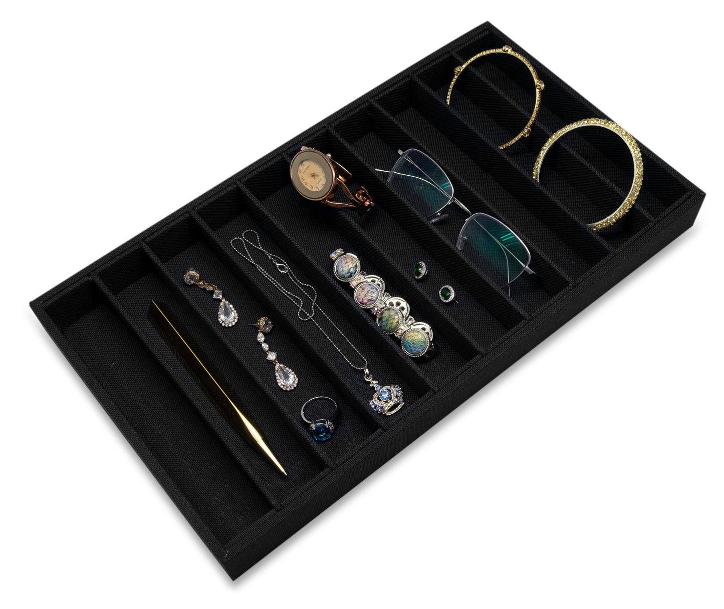 Black Linen 10 Column Compartment Jewelry Display Tray
