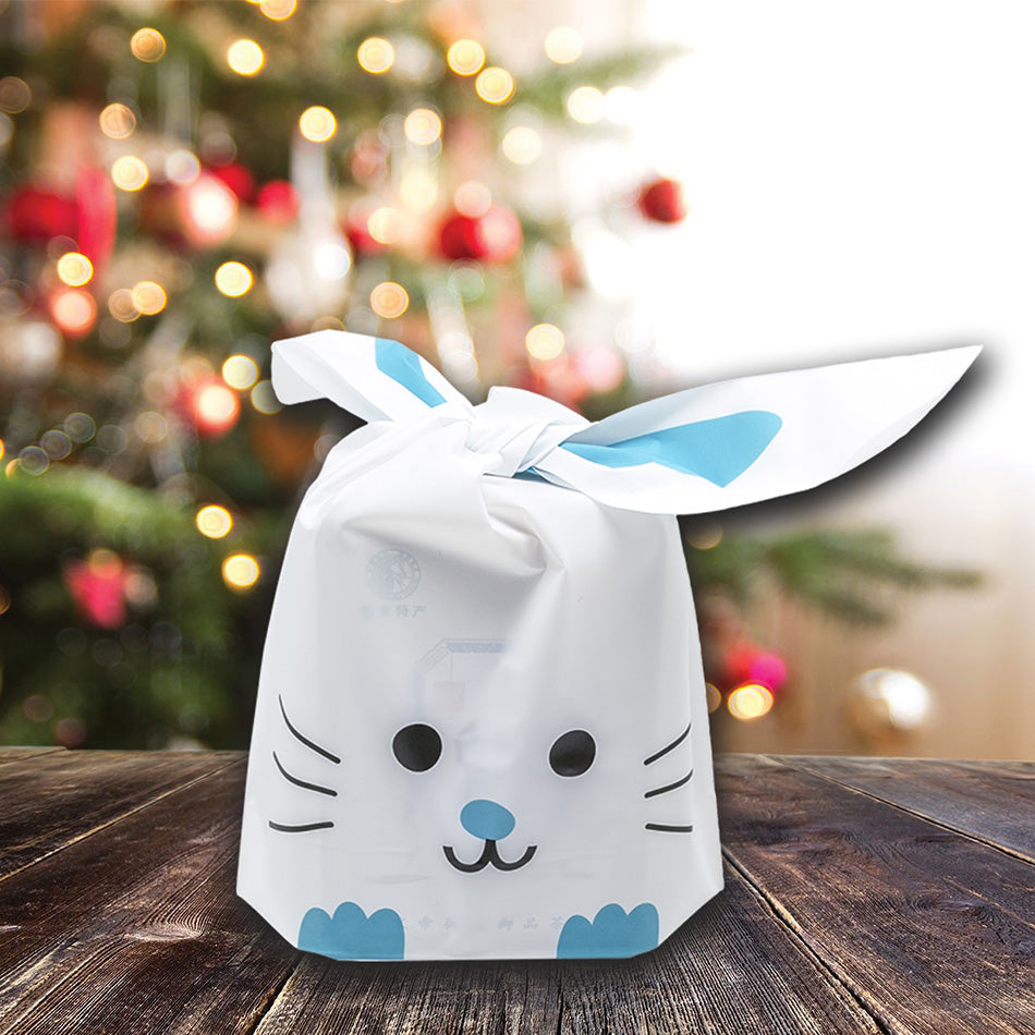 Blue Bunny Emoji Flap-Tie White Plastic Gift Bags