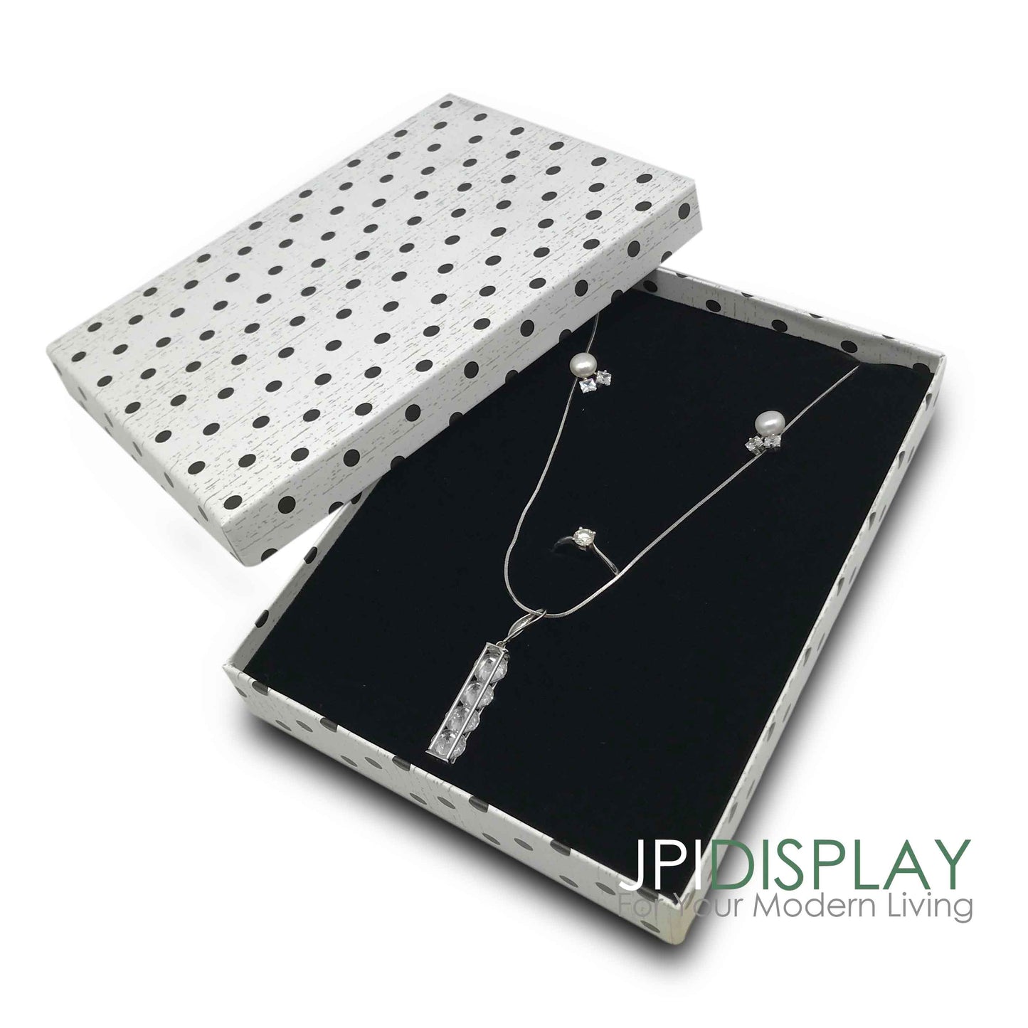 6X5X1 1/4"H White Polka Dot Paper Ring, Earrings &Necklace Boxes