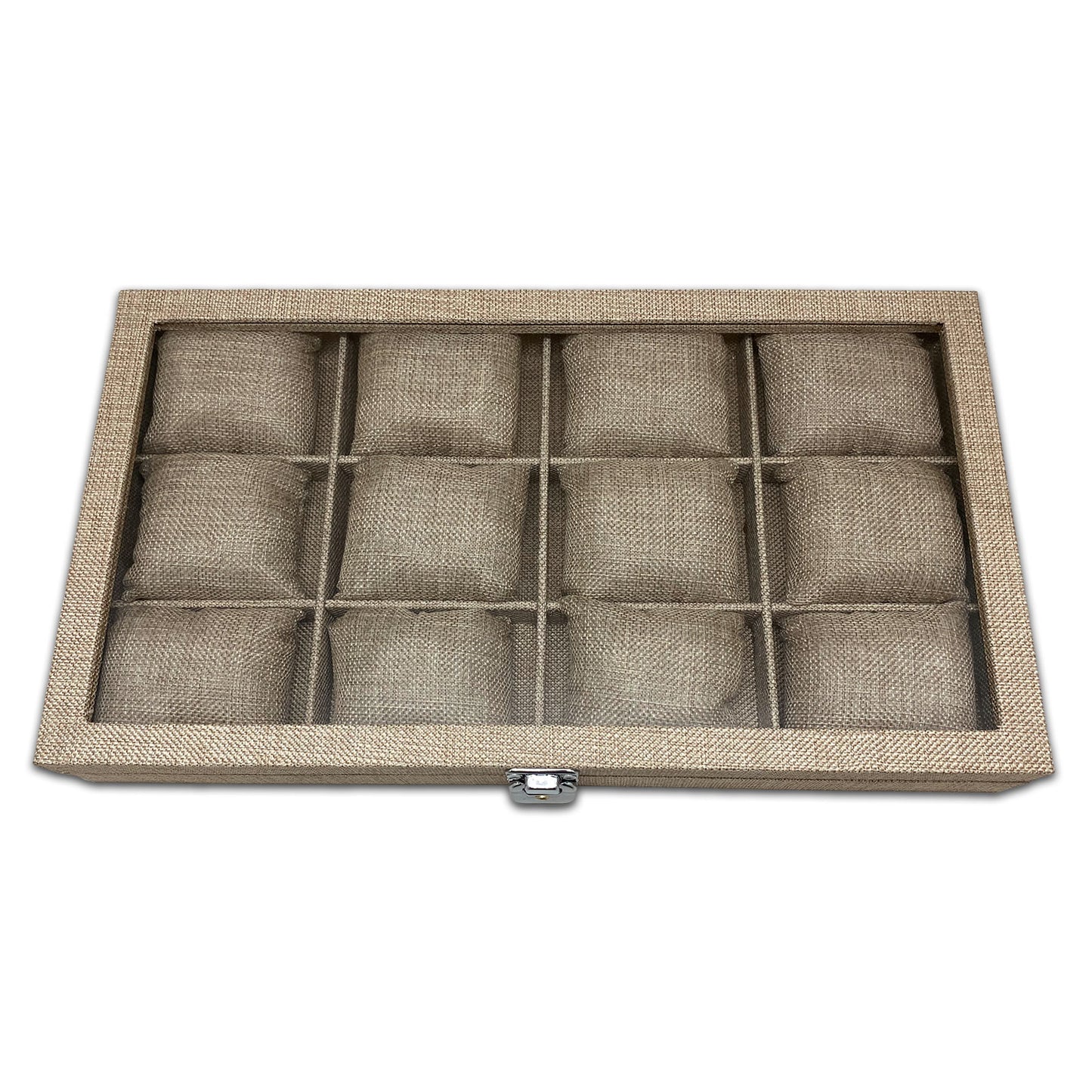 14 3/4" x 8 1/4" Burlap Glass Top Case with 12 Jewelry Display Pillows