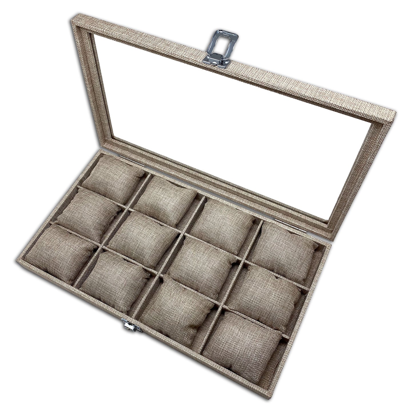 14 3/4" x 8 1/4" Burlap Glass Top Case with 12 Jewelry Display Pillows