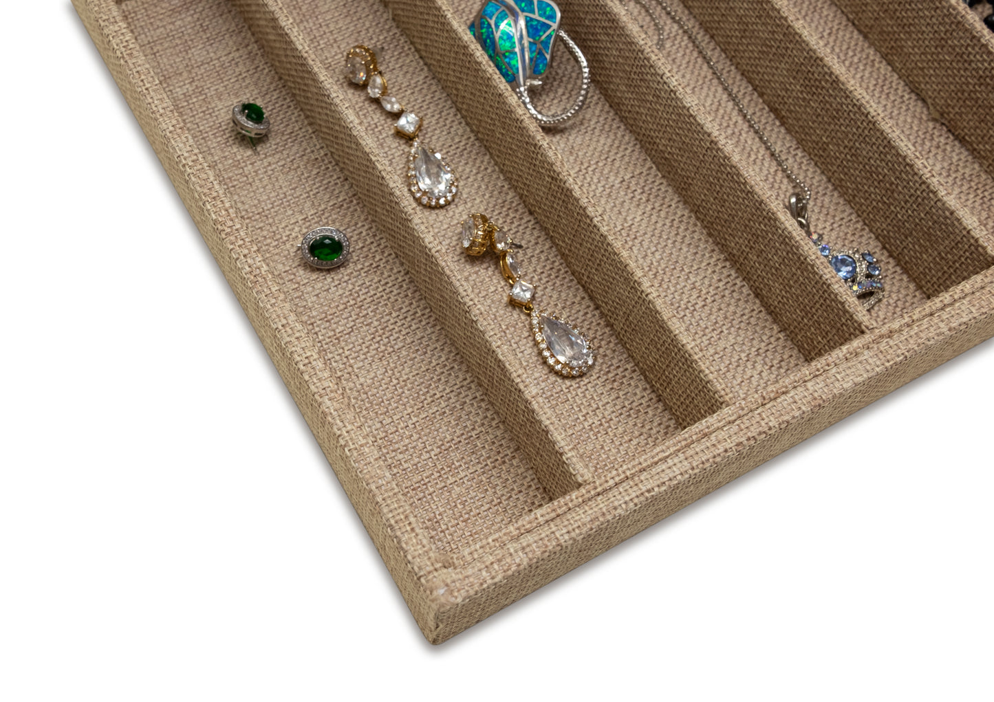 Deluxe Burlap 10 Column Compartment Jewelry Display Tray