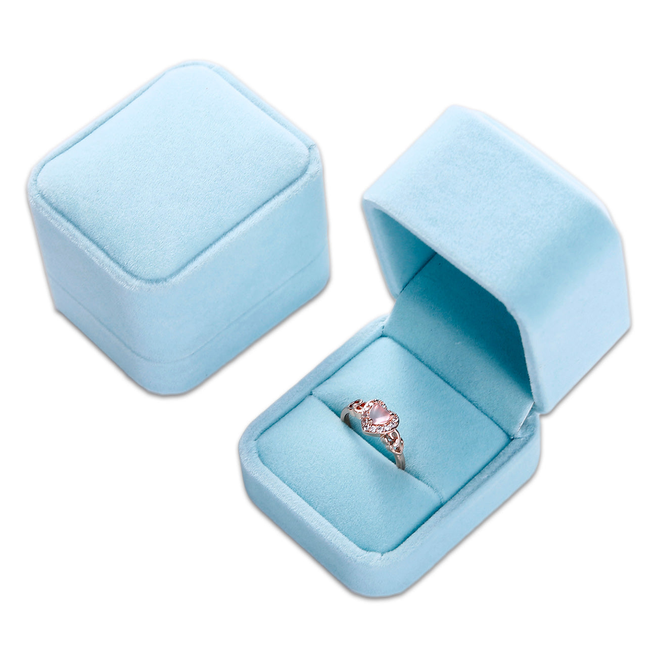 Single Deluxe Plush Light Blue Velvet High-Top Ring Box