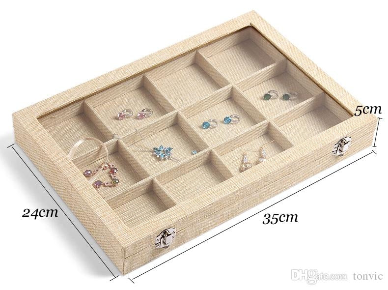 13 3/4 x 9 1/2" Burlap Glass Top 24 Compartment Display Case
