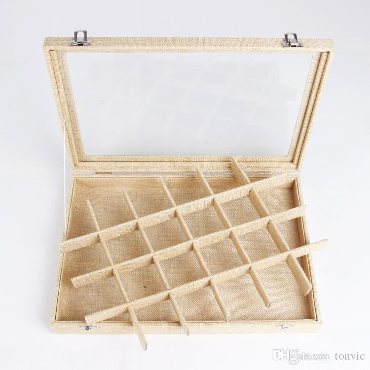 13 3/4 x 9 1/2" Burlap Glass Top 24 Compartment Display Case