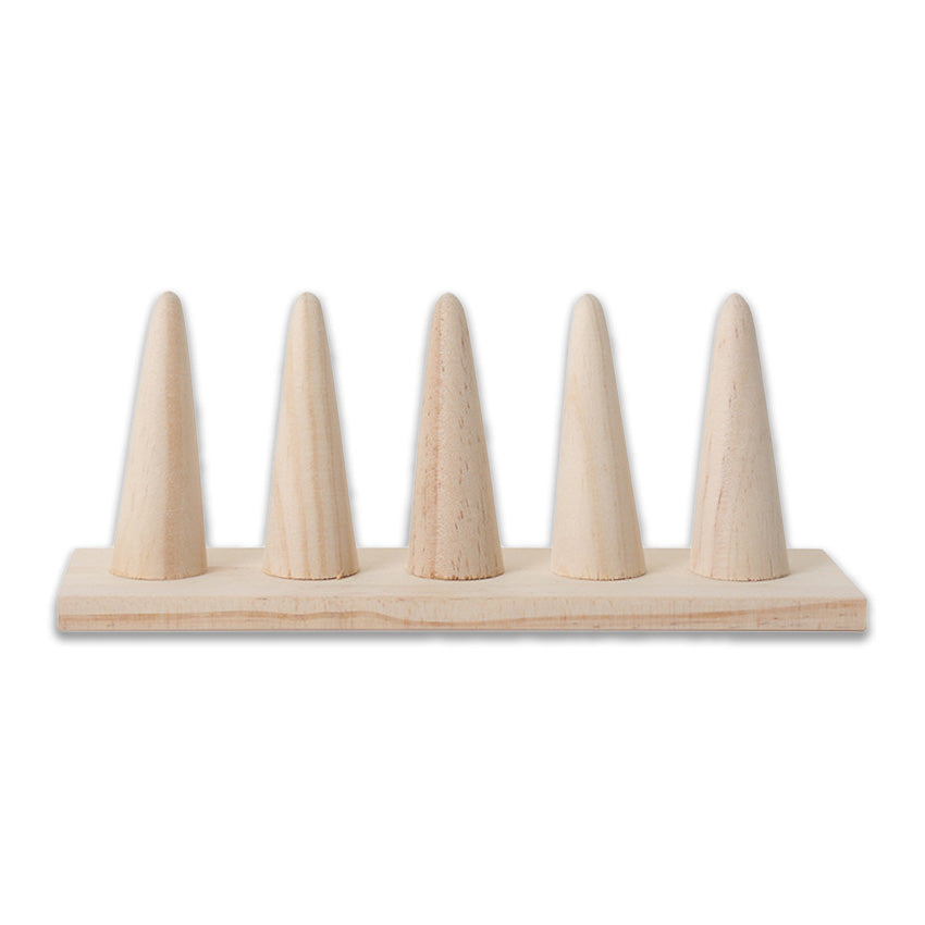 Natural Wood Straight 5 Finger Ring Display