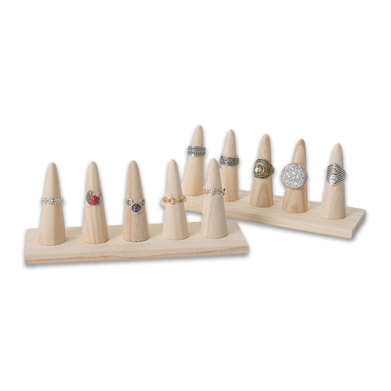 Natural Wood Straight 5 Finger Ring Display