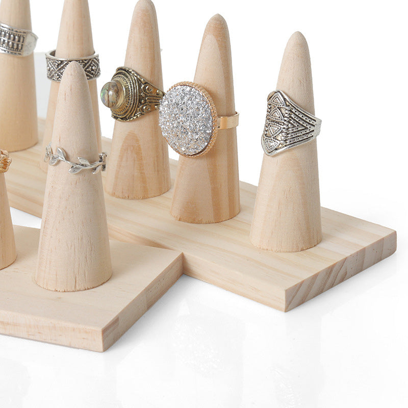 Natural Wood Straight 5 Finger Ring Display